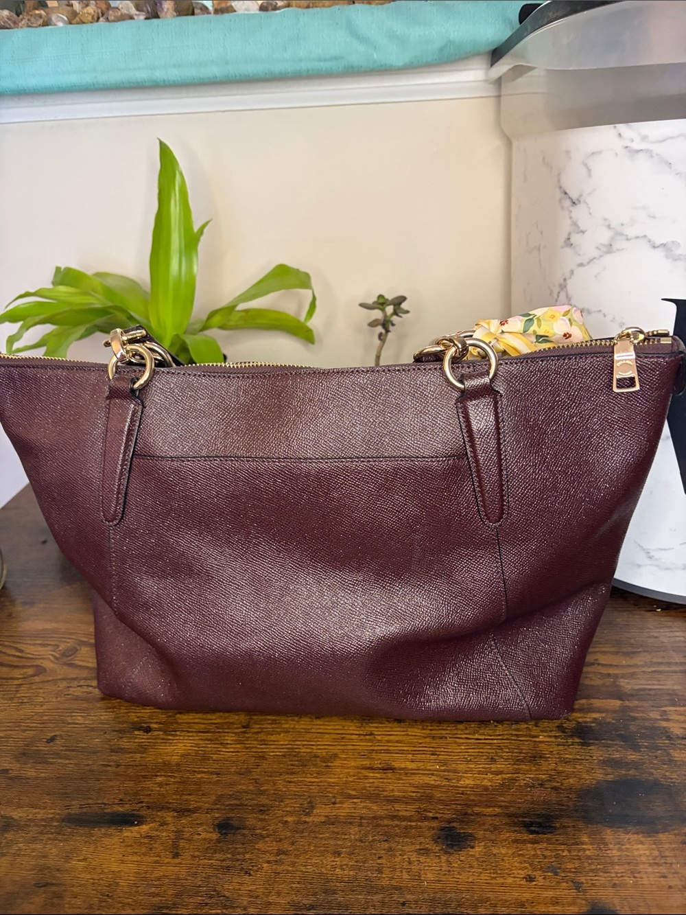 Coach Wine Saffiano Tote with Gold Hardware - Picture 5 of 7